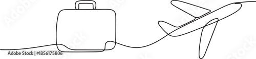 Suitcase and airplane in one continuous line drawing, one line Art icon drawing