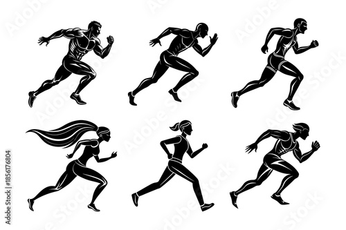 Vector illustration of black silhouettes featuring a diverse team of runners and sports athletes in action during a competitive running game and football competition