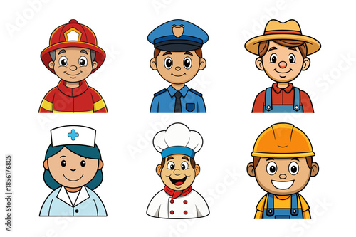 Cute Cartoon Professions set of cartoon builder characters and diverse workers featuring smiling people like doctors and teachers in a fun vector illustration design for business icons