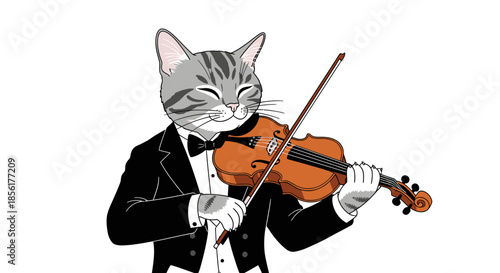 A cat playing a violin dressed formally.
