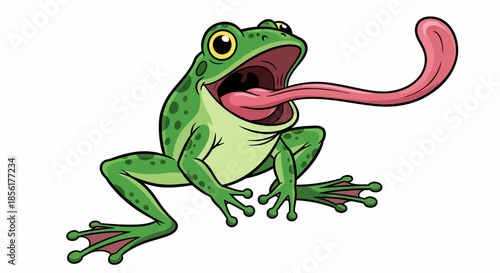 A cartoon green frog with long tongue.