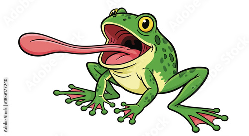 A cartoon green frog with long tongue.
