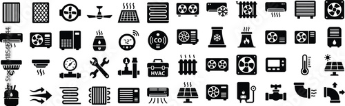 Collection of black and white vector icons representing various heating ventilation air conditioning and refrigeration components and related maintenance tools for technical design projects