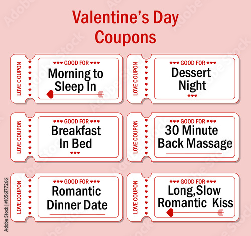 Set of love coupons.Valentine's Day example.Coupons with red and black text on white background.Vector illustration.