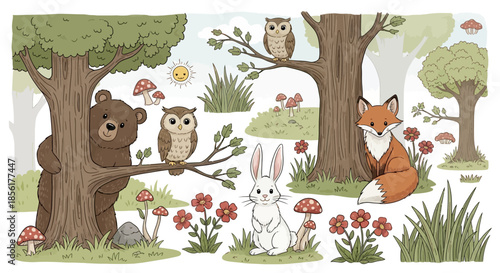 Whimsical forest animals in a magical setting.