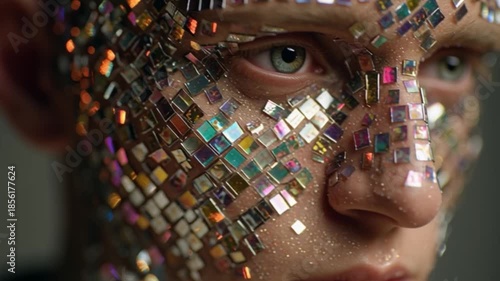 A portrait of a man with glitter and pieces of a small mirror glued to his cheeks