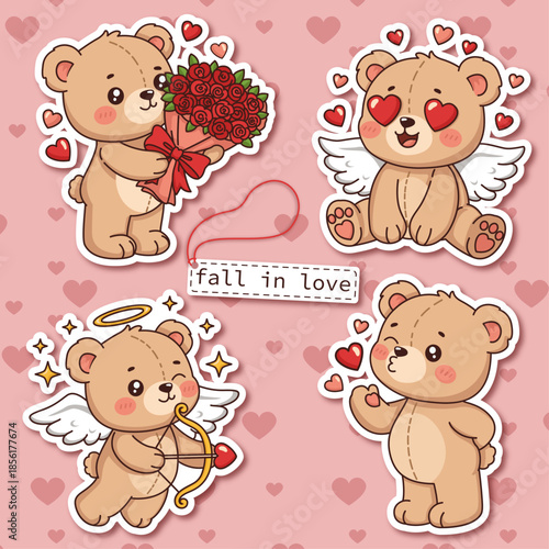 Flat Valentine’s Day sticker set with loving bear, cute romantic character collection