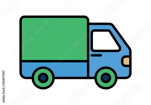 Camión de reparto azul con caja de carga verde para servicios de logística y transporte sobre fondo blanco