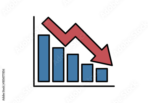 Gráfico de barras azul con flecha roja descendente que muestra pérdida o crisis económica sobre fondo blanco