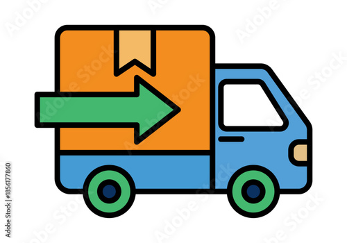 Camión de reparto con paquete y flecha de envío rápido sobre fondo blanco