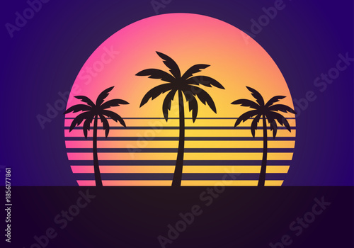 Paisaje retro de atardecer con siluetas de palmeras y sol degradado