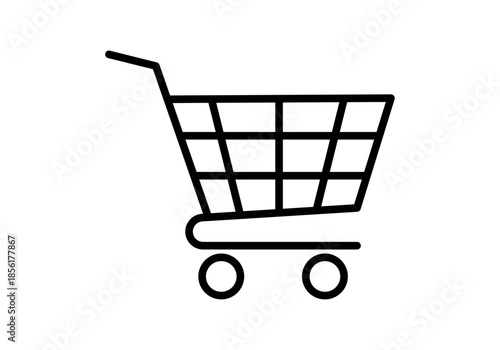 Carrito de la compra minimalista en color negro para comercio electrónico y ventas sobre fondo blanco