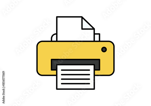 Impresora de oficina amarilla imprimiendo un documento de texto sobre fondo blanco