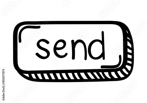 Botón de envío con texto manuscrito dentro de un marco decorativo sobre fondo blanco