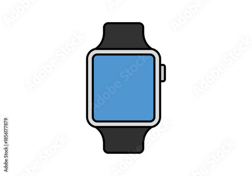 Reloj inteligente moderno con pantalla azul y correa negra sobre fondo blanco