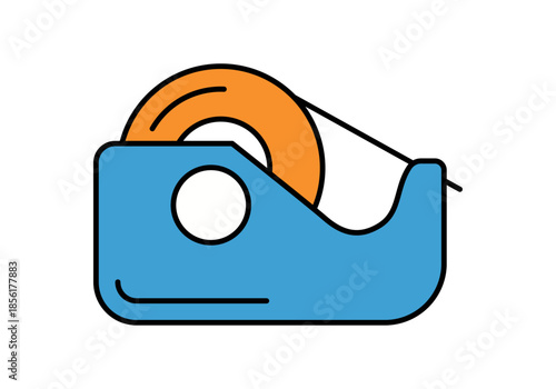 Dispensador de cinta adhesiva azul con rollo naranja para oficina y embalaje sobre fondo blanco