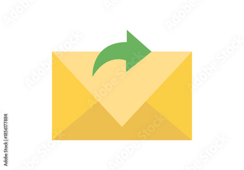 Sobre de correo amarillo con flecha verde de envío o reenvío sobre fondo blanco
