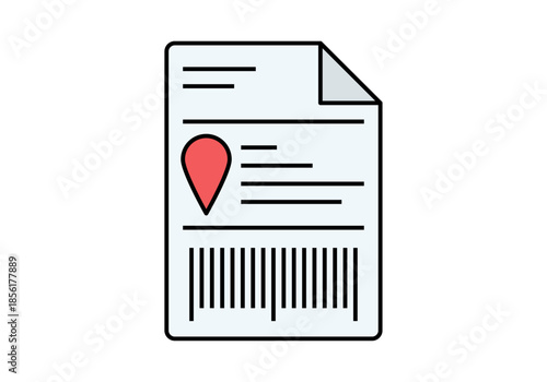 Documento de envío con código de barras y puntero de ubicación rojo sobre fondo blanco