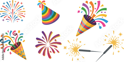 colorful party celebration icons with fireworks and noise makers on white background