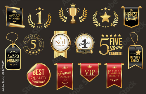 Number 1 award winner, Best Quality Luxury Gold badge premium emblem isolated on black background stock illustration