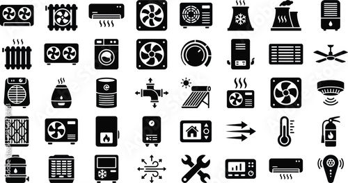 Collection of black and white icons representing various heating ventilation air conditioning and refrigeration system components for technical illustrations and design projects