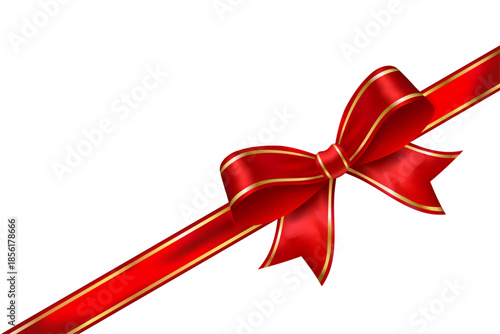 Red satin ribbon with gold trim and shiny bow, diagonal decorative vector element for promotions, sales, discounts and festive design accents