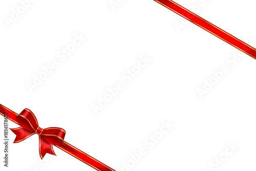 Red satin ribbon frame with gold trim and glossy bow in bottom left corner, decorative vector element for gift packaging, holiday wrapping and premium layouts