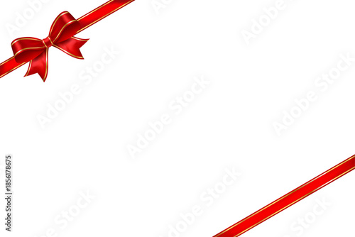 Red satin ribbon frame with gold trim and glossy bow in top left corner, decorative vector element for greeting cards, invitations and premium layouts