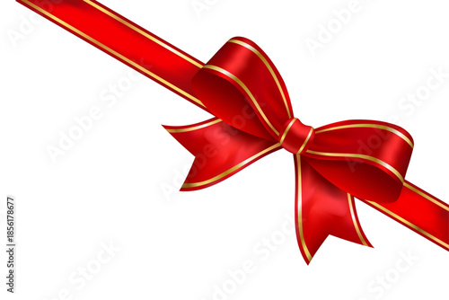 Red satin ribbon with gold trim and shiny bow, diagonal decorative vector element for romantic designs, weddings, anniversaries and festive accents
