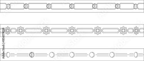 A minimalist vector collection of continuous geometric border patterns, featuring circular and diamond motifs for architectural and graphic design.