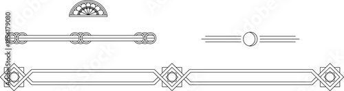 A minimalist vector collection of classic line ornaments, geometric borders, and decorative headers for architectural and graphic design projects.