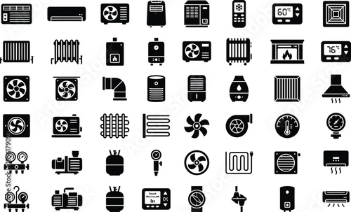 Comprehensive collection of black and white vector icons representing various heating ventilation and air conditioning systems components and related appliances for technical design projects.