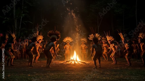Nighttime Ritual Dance Around a Bonfire - A Cultural Celebration of Tradition.