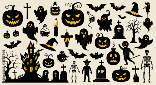 Halloween themed black silhouettes and icons.