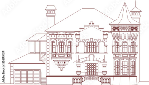 A detailed vector illustration of a classic house elevation featuring ornate windows, a grand entrance, decorative turrets, and a garage door.