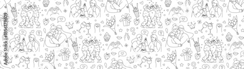 Galentines Day Seamless Border Frame Pattern, Women Friendship Line Art Vector Illustration
