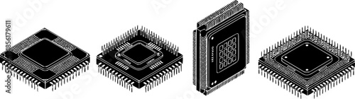 Four isometric black and white illustrations of computer microprocessors or central processing units with visible pins and intricate details
