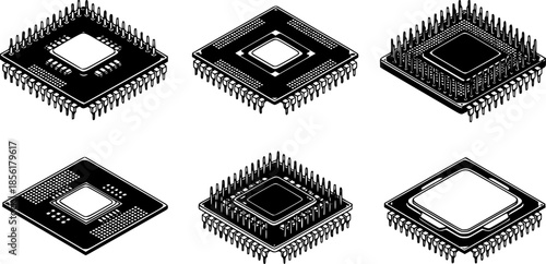 Four isometric black and white illustrations of computer microprocessors or central processing units with visible pins and intricate details
