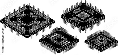 Four isometric black and white illustrations of computer microprocessors or central processing units with visible pins and intricate details

