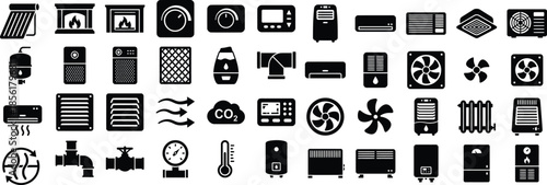 Collection of diverse black and white icons representing various heating ventilation air conditioning and refrigeration system components for technical design projects