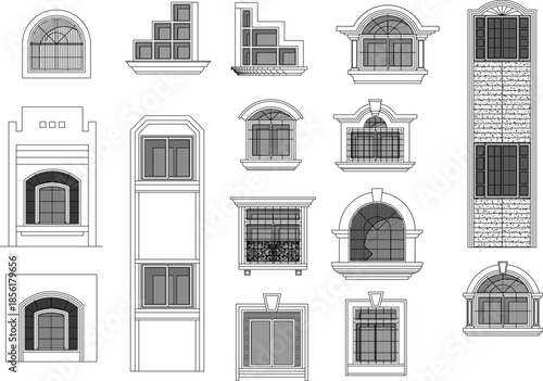 A comprehensive vector collection of classic window styles, featuring arched frames, rectangular units, and decorative architectural elevations.