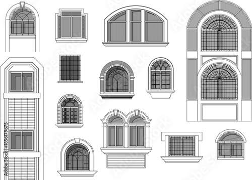 A comprehensive vector set of diverse classic window styles, featuring arched frames, double windows, and decorative architectural elevations.