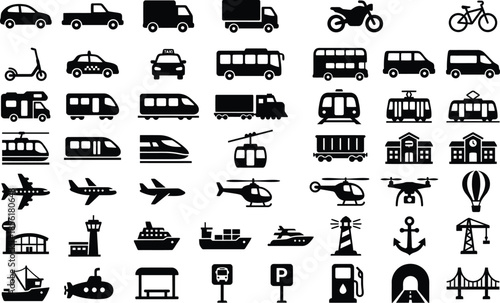 Diverse collection of black transportation icons illustrating various modes of travel including automobiles buses trains planes boats helicopters and bicycles for design projects
