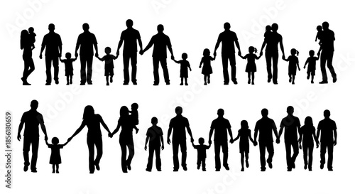 Silhouettes of diverse family groups with adults and children holding hands, representing various family structures and sizes.