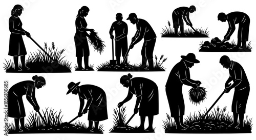Silhouettes of farmers and gardeners working in fields, digging soil, planting crops, and harvesting produce with various tools.
