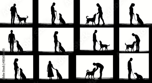 A grid of twelve black silhouettes depicting various stages of human-dog interaction and training against a stark white background.