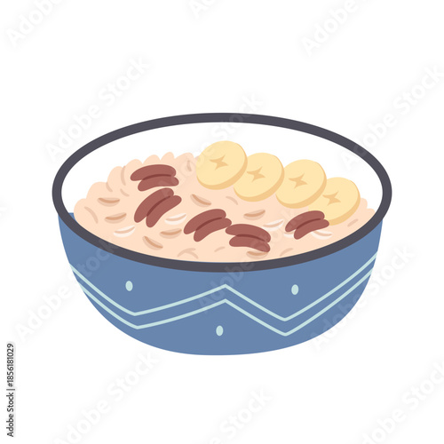 Scandinavian minimalism flat illustration of oatmeal bowl with banana slices and pecans. Healthy breakfast concept for food design, kids menus, recipe books, or posters.