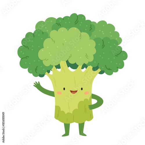 Smiling broccoli with face, arms and legs in Scandinavian minimalism style. Healthy food cartoon character for kids’ designs, posters, books, and educational materials.