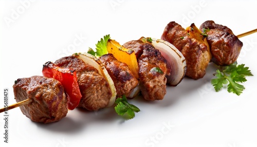 shish kebab on skewers features grilled meat isolated on white background