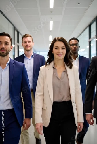 Diverse group of business professionals walking together in a modern office hallway